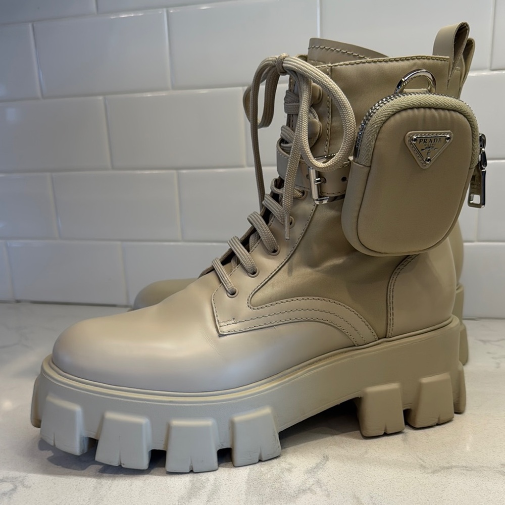 Prada Tan Combat Moto Boots with Chunky Sole